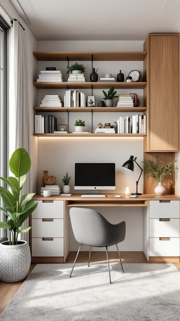 A small home office with wall-mounted shelves, a compact desk, and a cozy design featuring plants and organized decor.