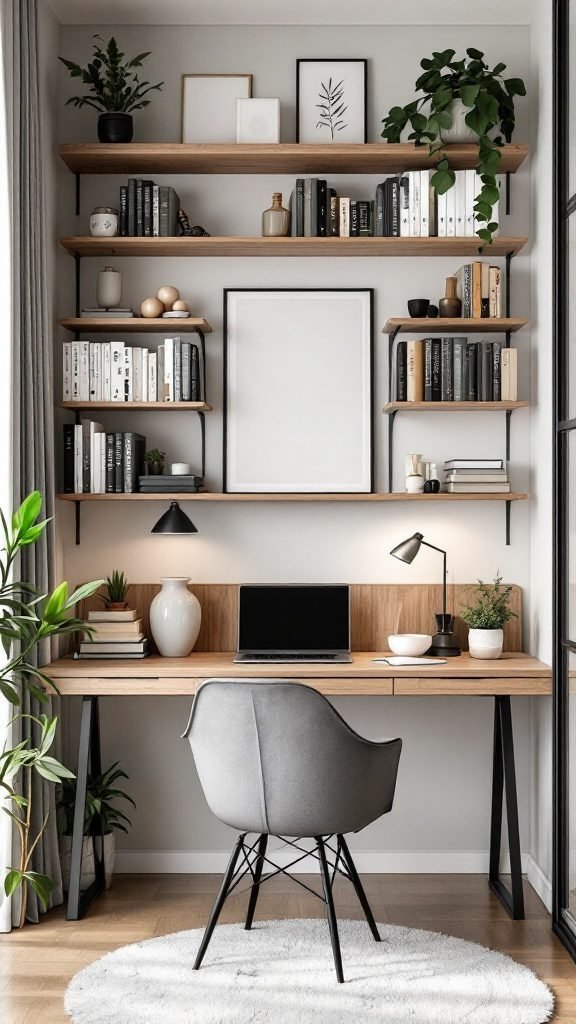 Small home office with wall-mounted shelves and a stylish desk.
