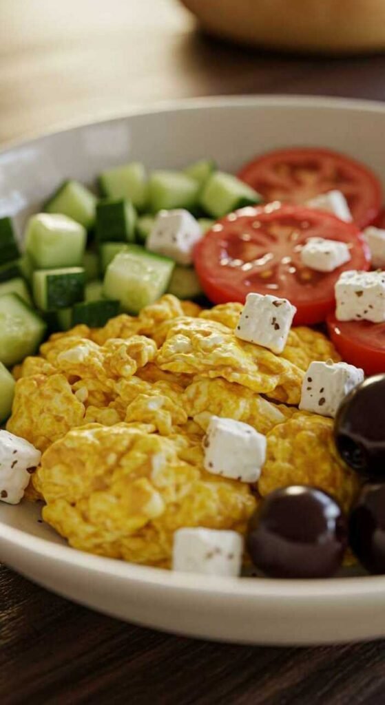 A Mediterranean breakfast bowl with eggs, tomatoes, cucumbers, feta cheese, and olives.
