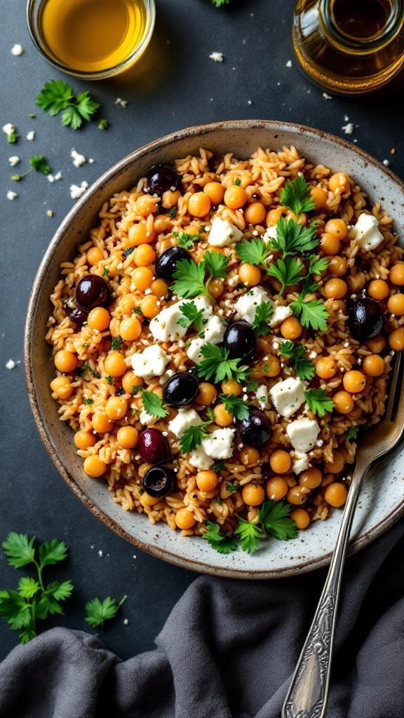 Mediterranean Chickpea Rice Bowl with fresh ingredients