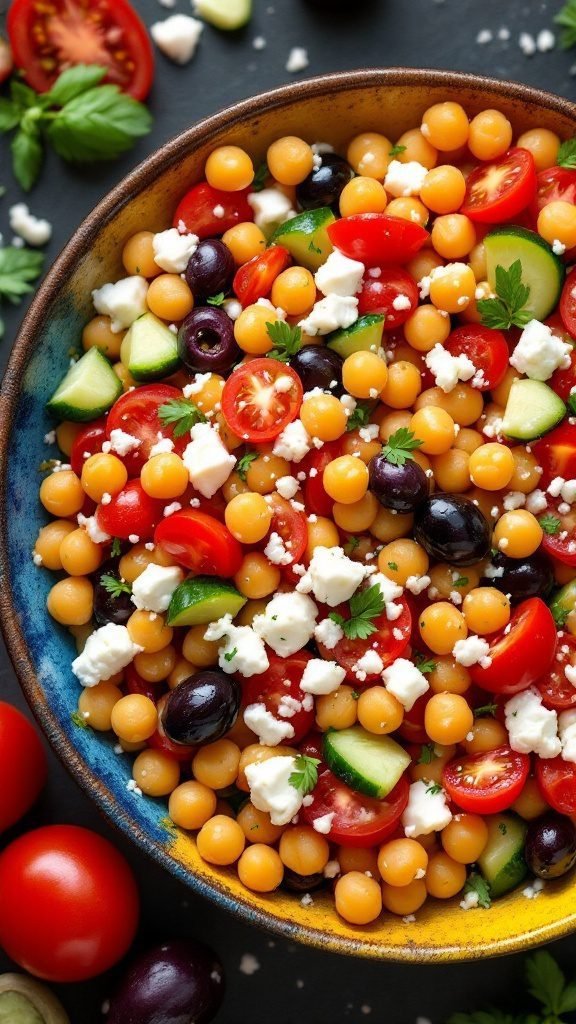 A vibrant Mediterranean Chickpea Salad with colorful vegetables and chickpeas.