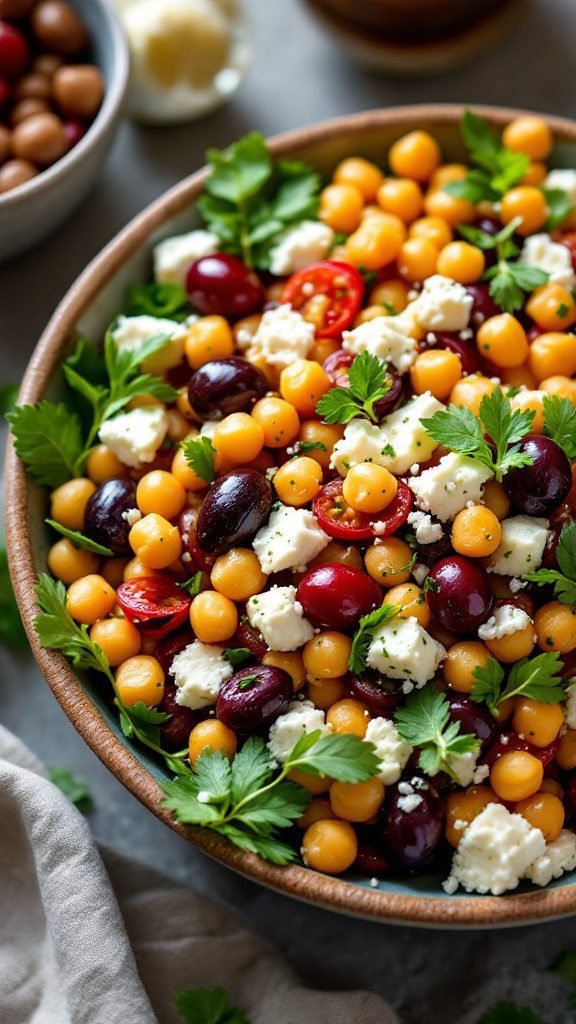 A vibrant Mediterranean chickpea salad with colorful vegetables and herbs