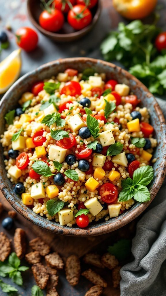 A bowl of Mediterranean Couscous Salad with colorful veggies and herbs.
