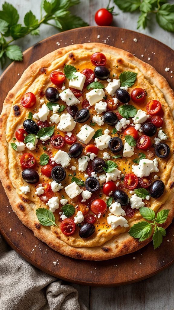 Mediterranean flatbread pizza with hummus and fresh toppings