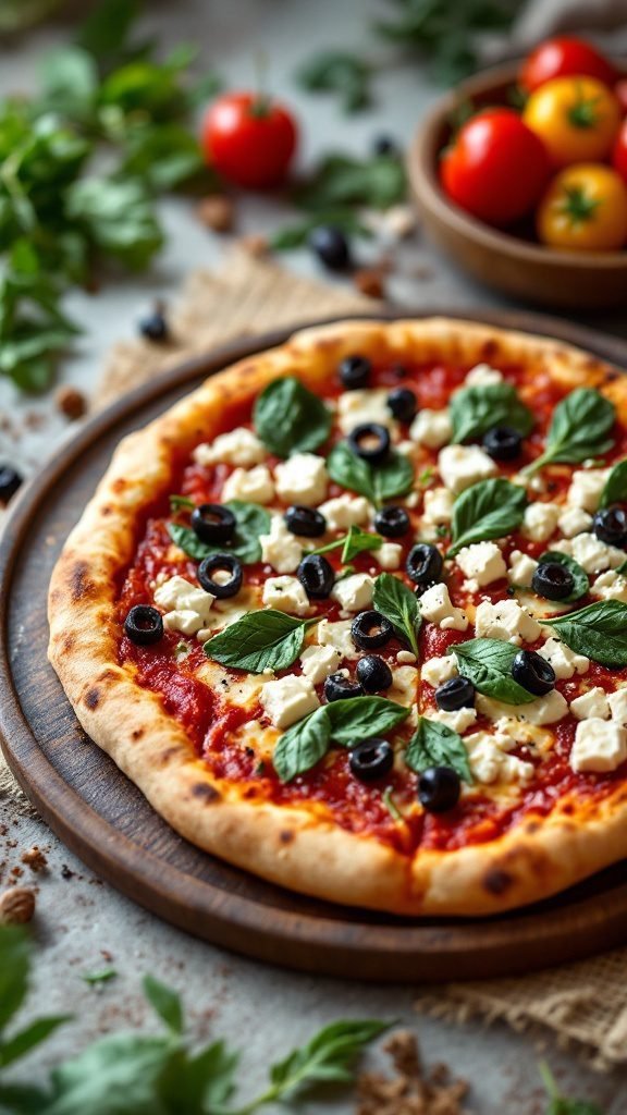 Mediterranean pizza topped with feta, olives, and basil on a wooden board