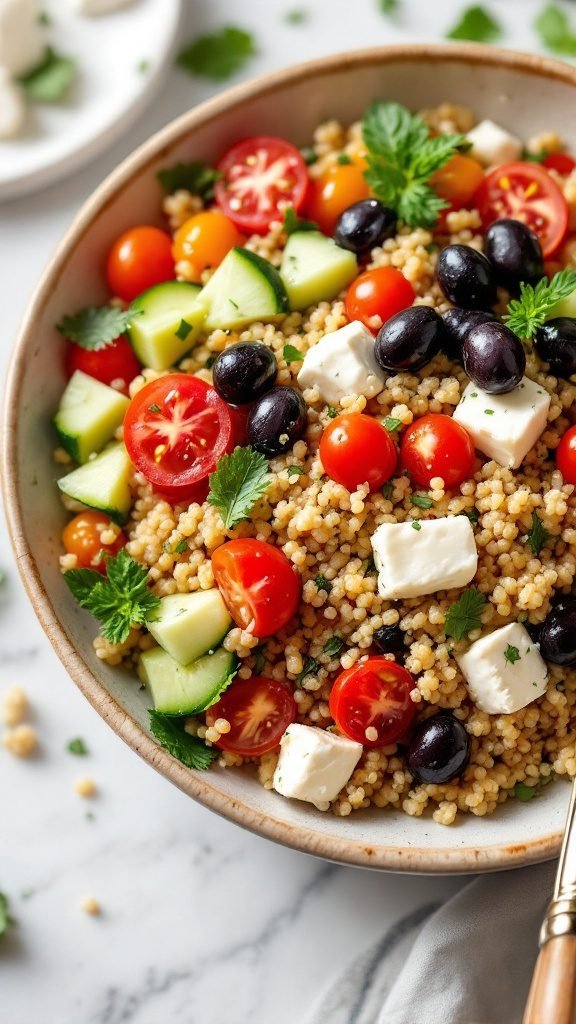 A colorful Mediterranean quinoa bowl filled with fresh vegetables and feta cheese.