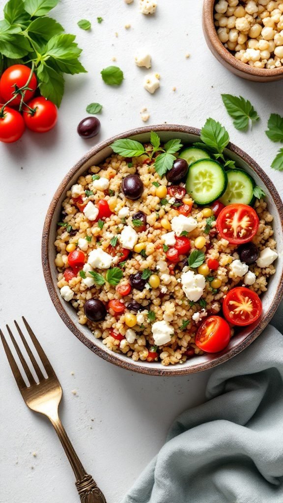 Mediterranean Quinoa Rice Bowl with fresh vegetables and feta cheese