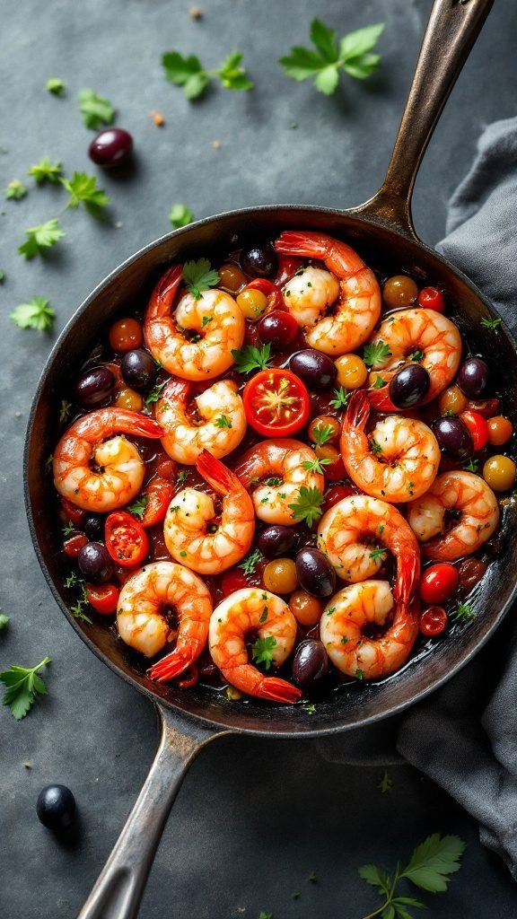 A skillet filled with Mediterranean shrimp, cherry tomatoes, and olives.