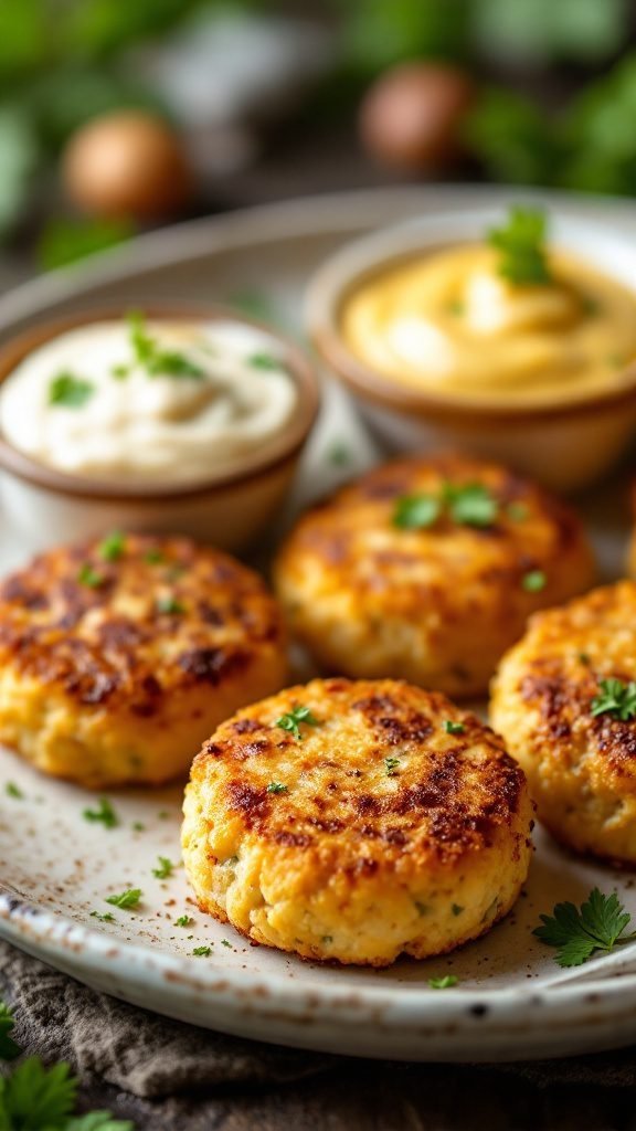 Delicious mini crab cakes served with sauces