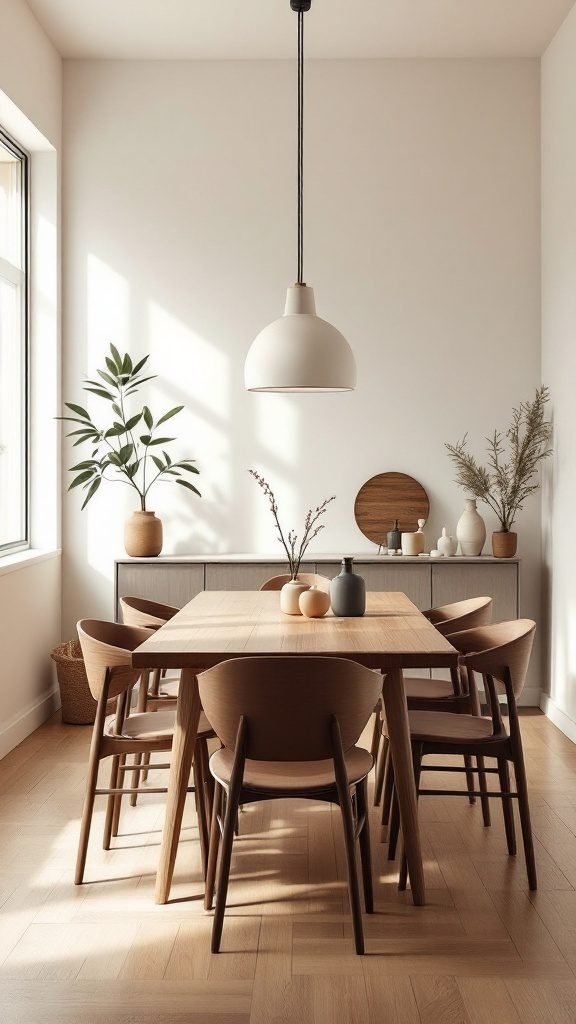 A minimalist dining room featuring a wooden table, upholstered chairs, and warm decor accents.