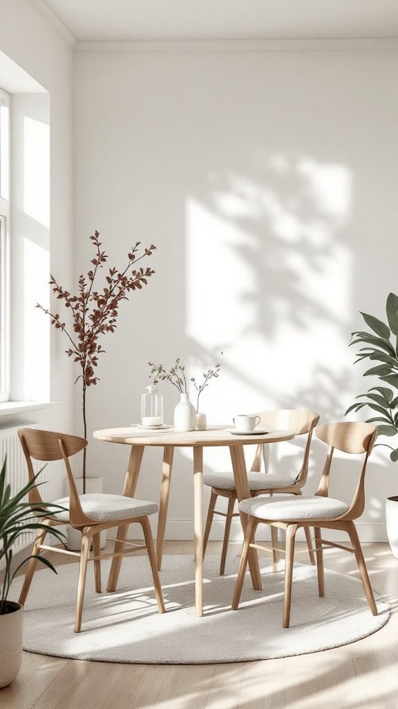 Modern minimalist Scandinavian dining room featuring a round wooden table, upholstered chairs, and natural decor elements.