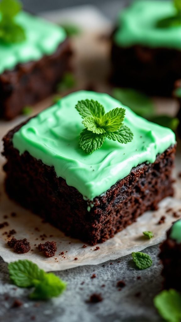 Mint chocolate brownies with green frosting and mint leaves on top