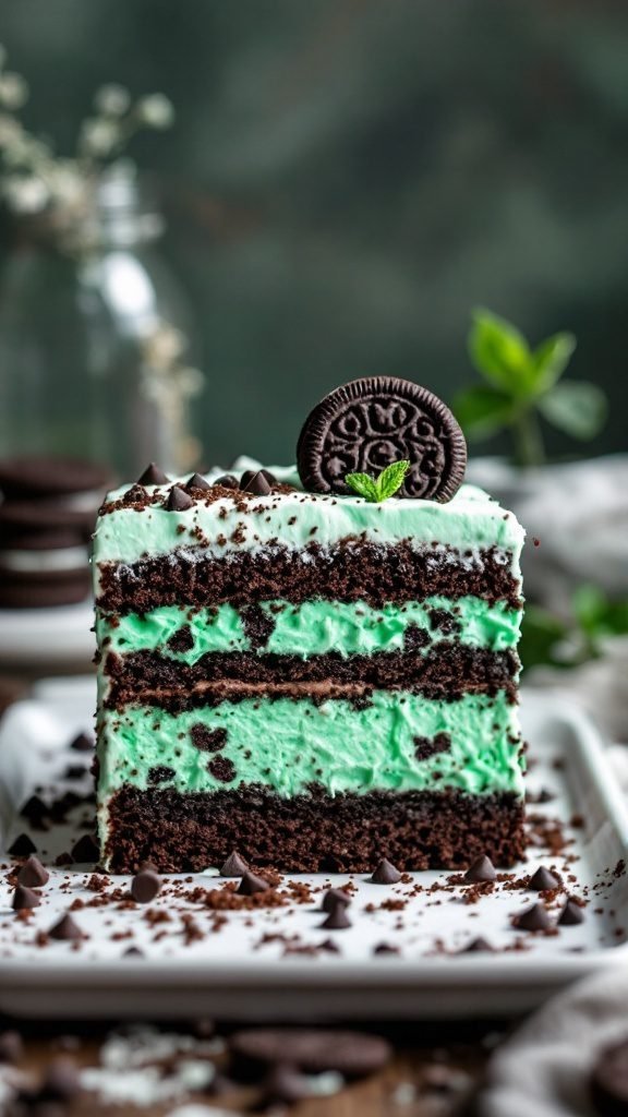 Mint Chocolate Chip Icebox Cake with chocolate layers and mint filling
