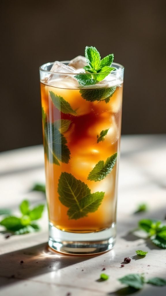 A refreshing glass of Minty Iced Coffee with mint leaves.