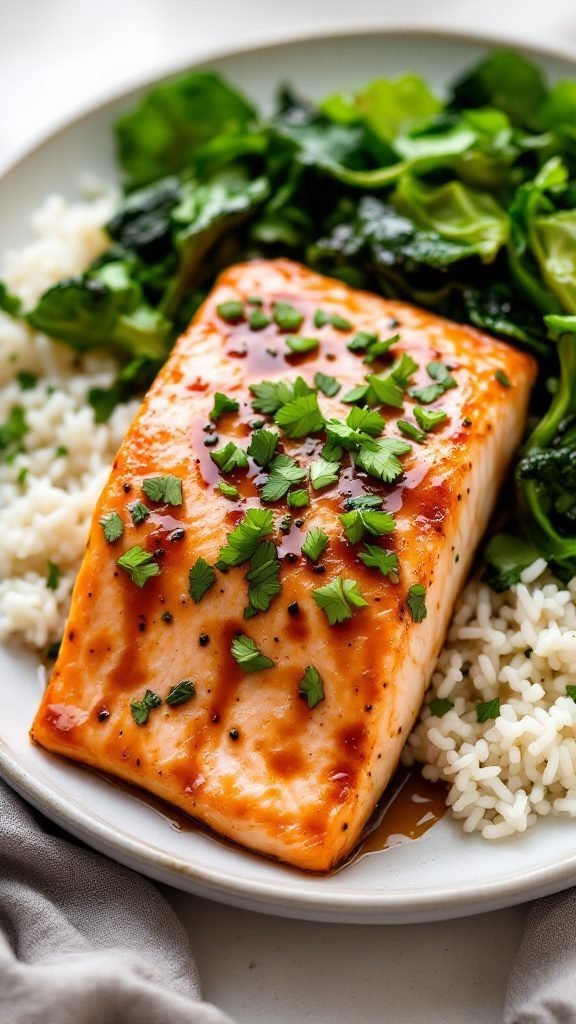 Miso glazed salmon served with rice and greens