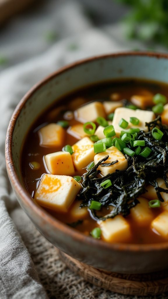A bowl of miso soup with tofu and seaweed topped with green onions.