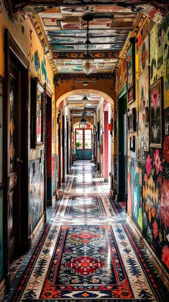 A vibrant and colorful bohemian hallway with intricate patterns and textures.
