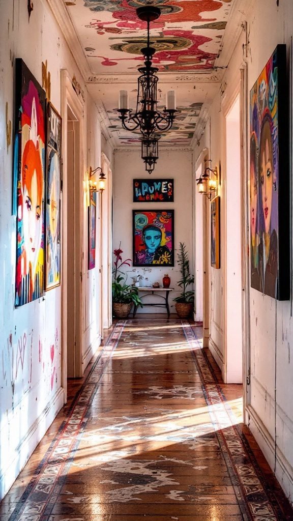 A vibrant hallway decorated with mixed media art, featuring colorful paintings, a patterned ceiling, and warm lighting.
