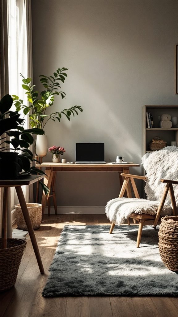 A cozy bedroom office setup featuring a wooden desk, a fluffy chair, plants, and decorative storage baskets.