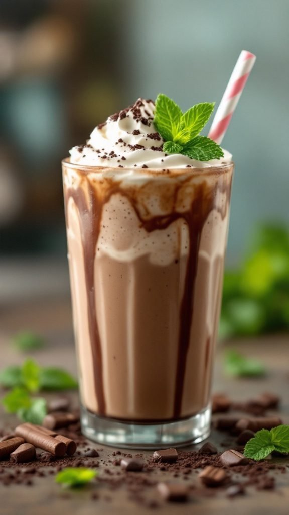 A refreshing Mocha Mint Frappe topped with whipped cream and chocolate shavings.