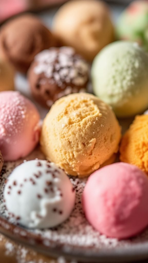 Colorful mochi ice cream balls in various flavors.