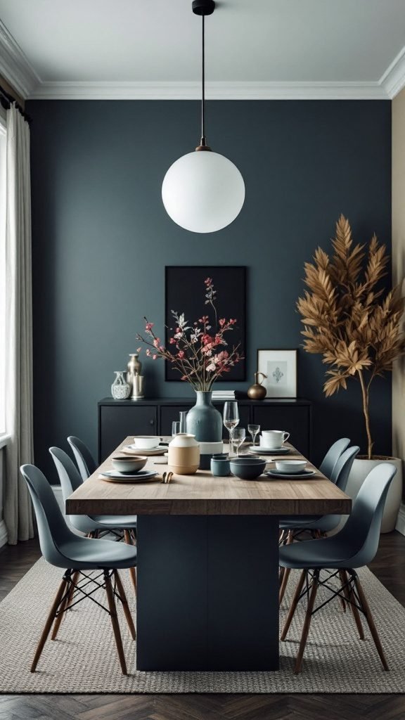 A modern dining room with a dark wall, wooden dining table, and stylish chairs, featuring a pendant light and floral decor.