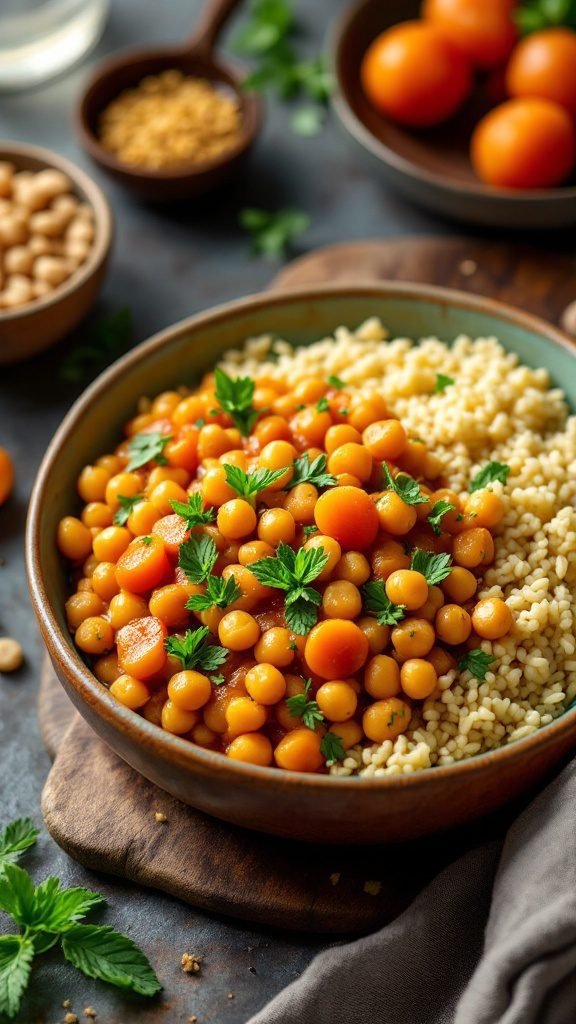 A vibrant bowl of Moroccan Chickpea and Apricot Curry served with rice and garnished with fresh herbs.