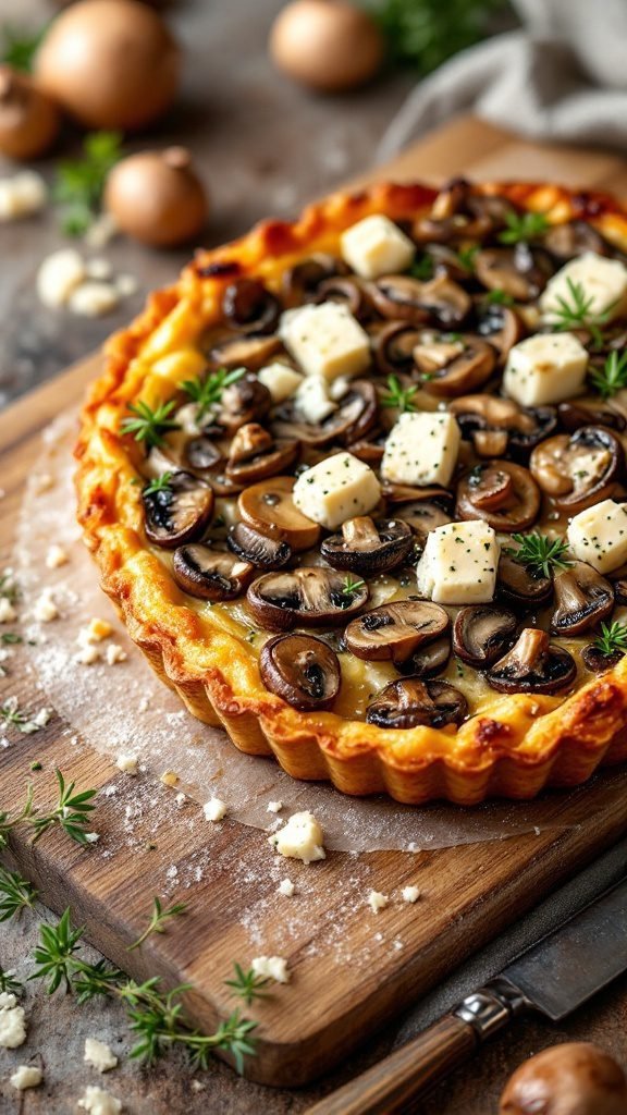A delicious Mushroom and Gruyere Tart with a golden flaky crust and topped with mushrooms and cheese.