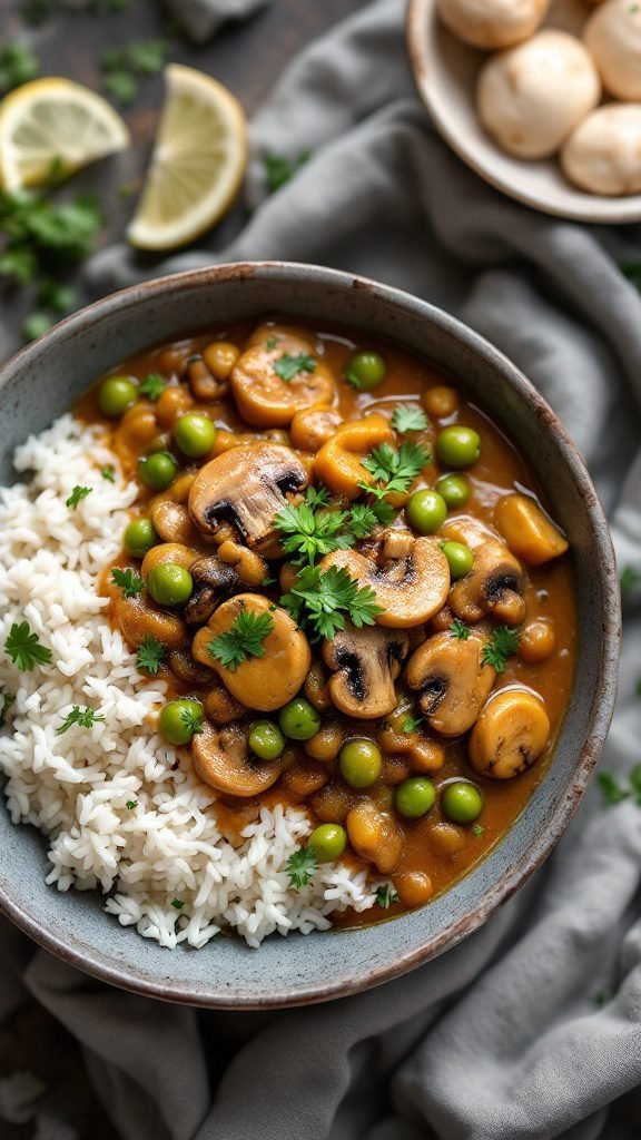 A bowl of mushroom and pea curry served with fluffy rice.