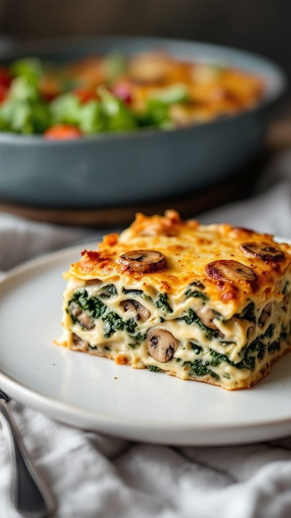 A slice of mushroom and spinach lasagna on a plate.