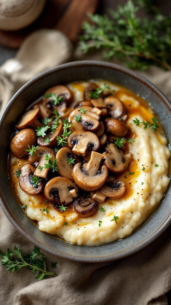A bowl of creamy mushroom and thyme grits topped with sautéed mushrooms and fresh herbs.
