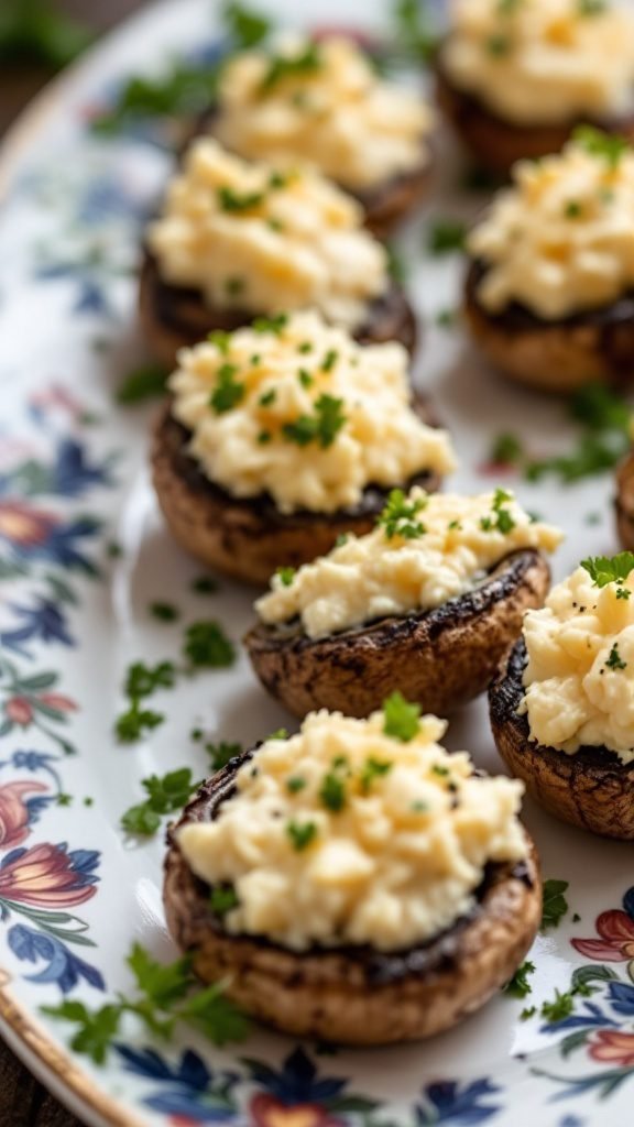 Delicious mushroom caps topped with cream cheese and chives on a decorative plate.