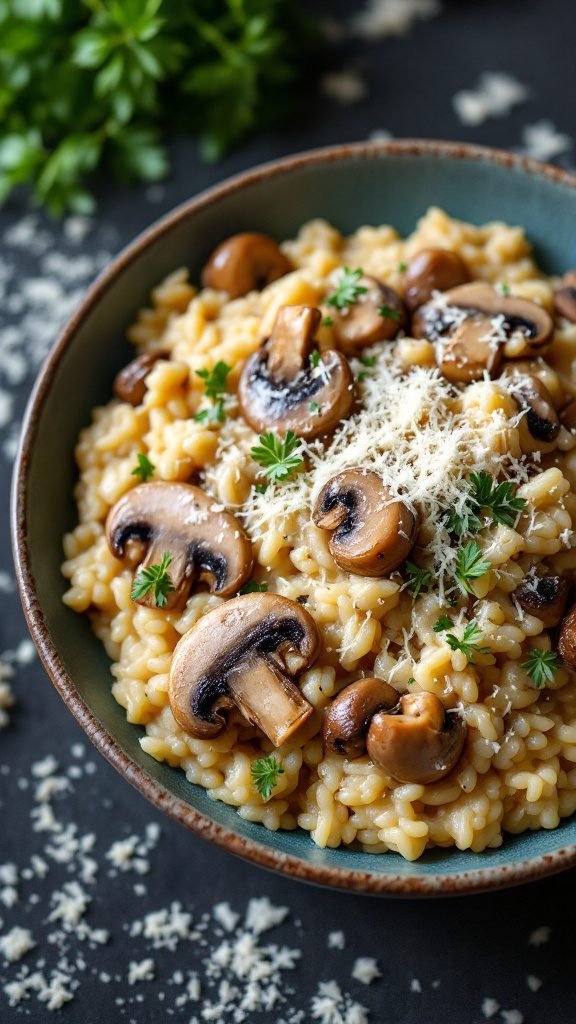 A bowl of creamy mushroom risotto topped with parsley and Parmesan cheese.
