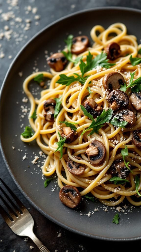 A plate of Mushroom Truffle Tagliatelle with sliced mushrooms and parsley.