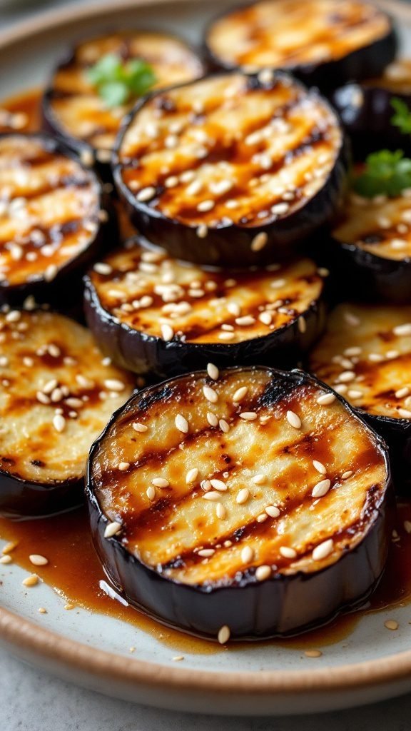 Grilled eggplant slices with miso glaze and sesame seeds.
