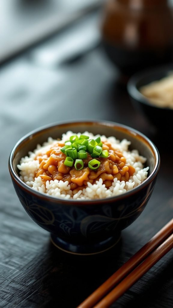 Bowl of natto on rice topped with green onions