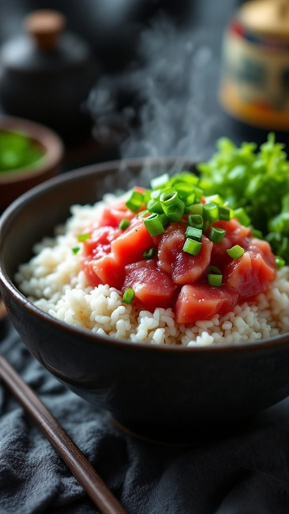 A delicious bowl of Negitoro Don, featuring tuna tartare on rice.