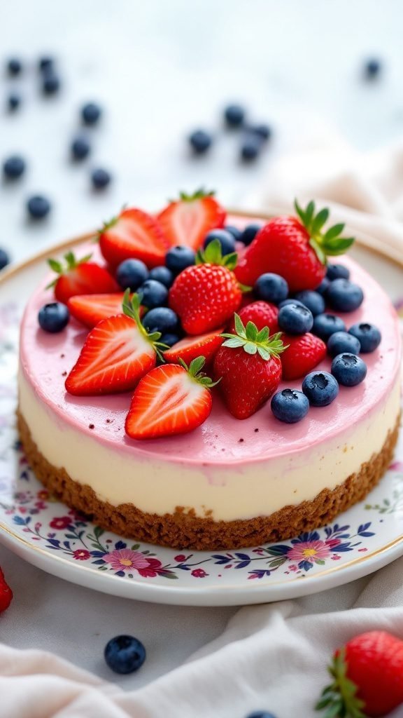 A beautiful no-bake berry cheesecake topped with fresh strawberries and blueberries.