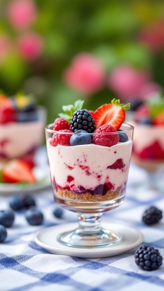 Delicious no-bake berry cheesecake cups topped with fresh berries.