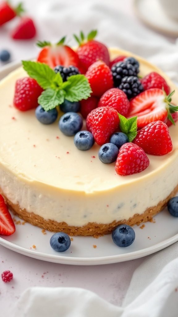 No-bake cheesecake topped with fresh berries and mint leaves