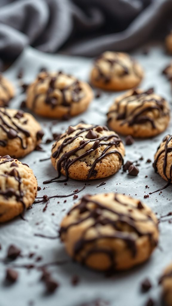A tray of no-bake chocolate chip cookies drizzled with chocolate.