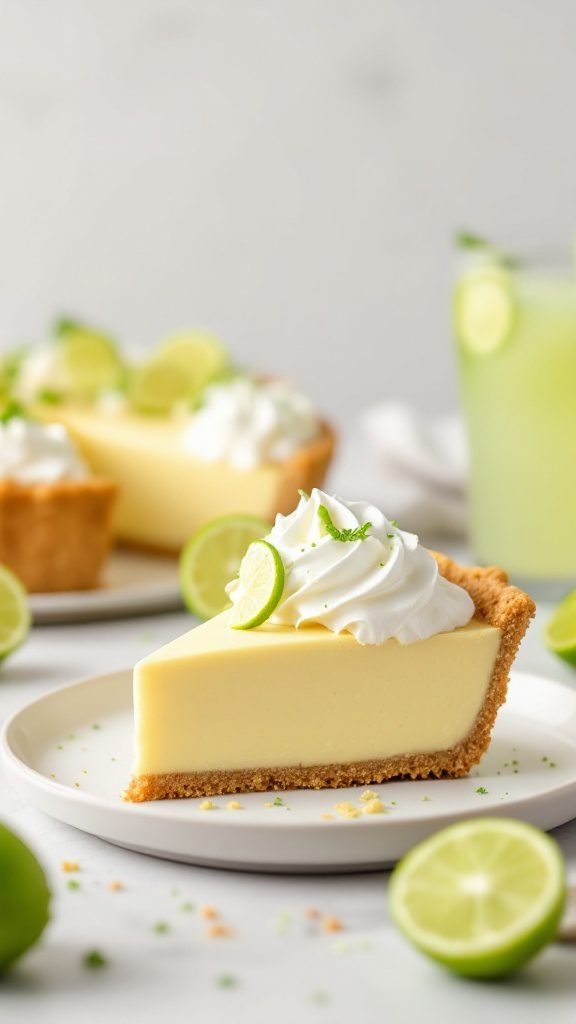 Slice of No-Bake Key Lime Pie with whipped cream and lime garnish