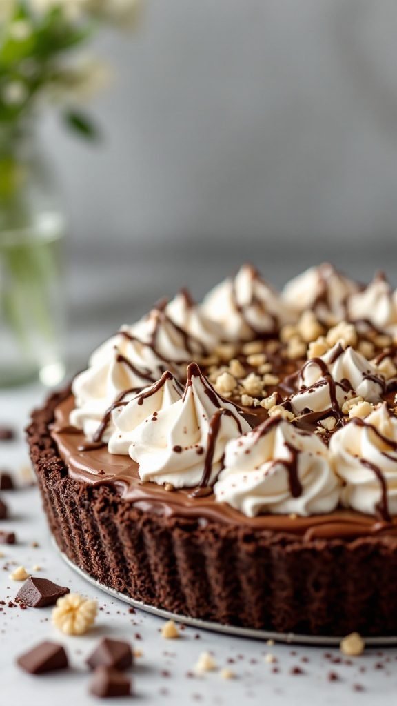 A delicious no-bake Nutella pie topped with cream and nuts.