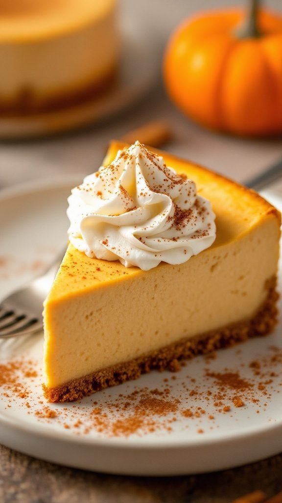 A slice of no-bake pumpkin cheesecake garnished with whipped cream and pumpkin pie spice.