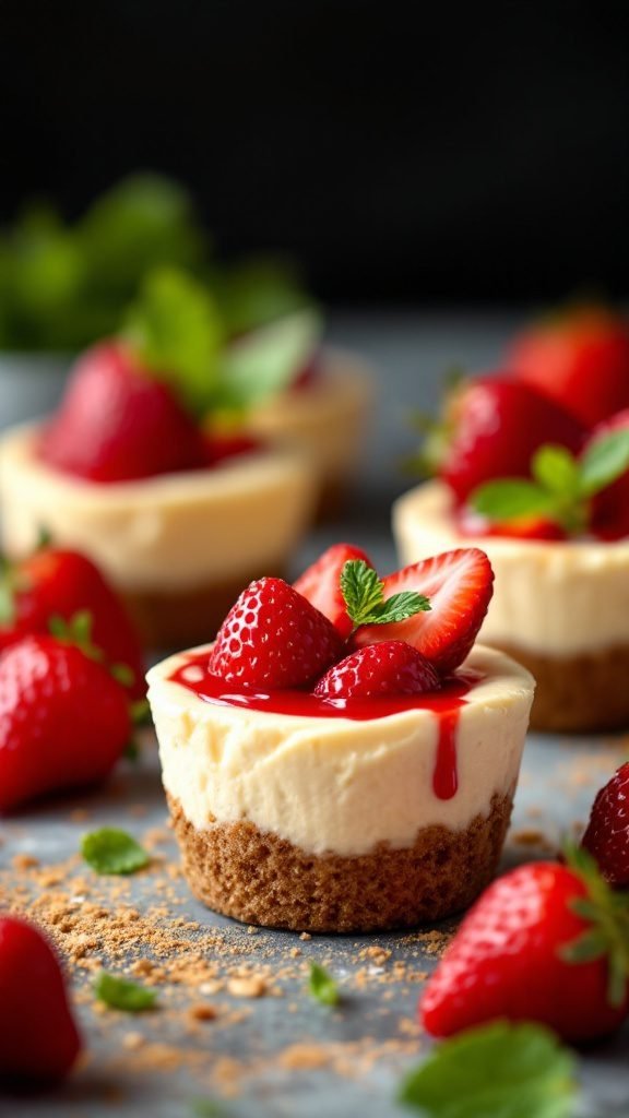 No Bake Strawberry Cheesecake Cups with fresh strawberries and mint garnish.