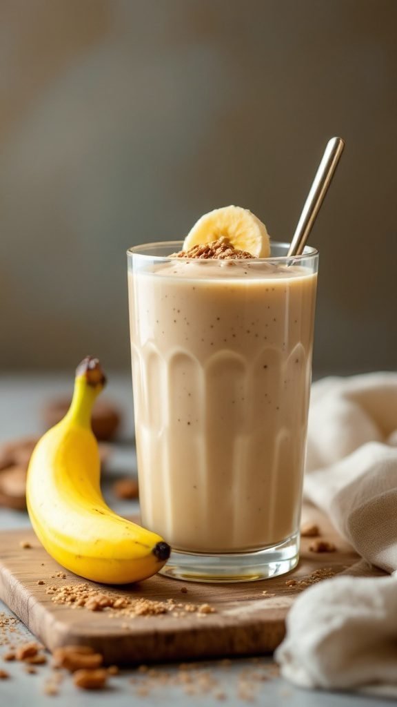 A creamy nut butter banana smoothie in a glass with a banana beside it.