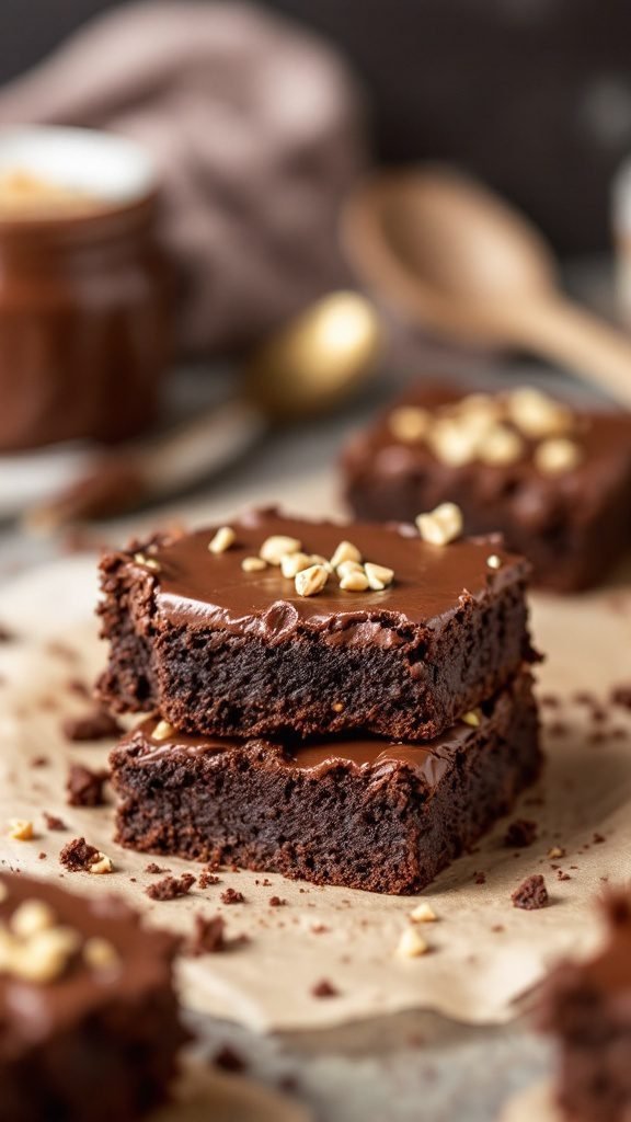 Nutella brownies stacked with chocolate frosting and nuts on top.