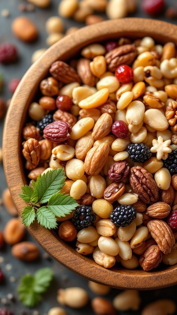 A bowl of assorted nuts and dried fruits, representing a nutritious trail mix.