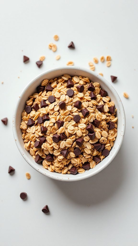 Bowl of oatmeal chocolate chip cookie dough with chocolate chunks.