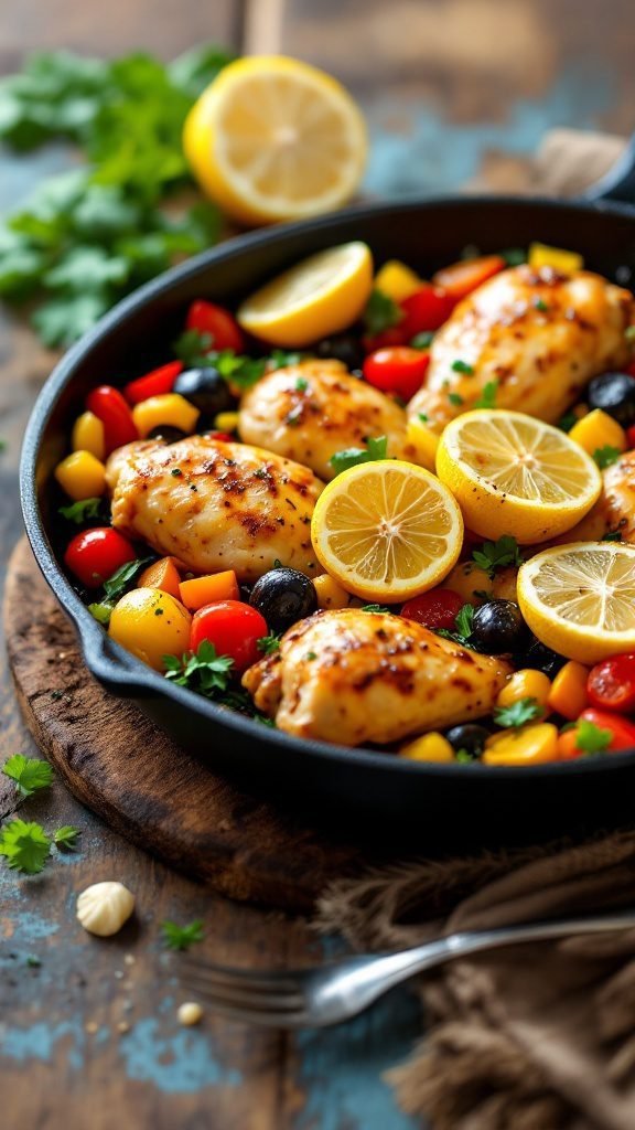 A delicious one-pan lemon garlic chicken dish with colorful veggies.